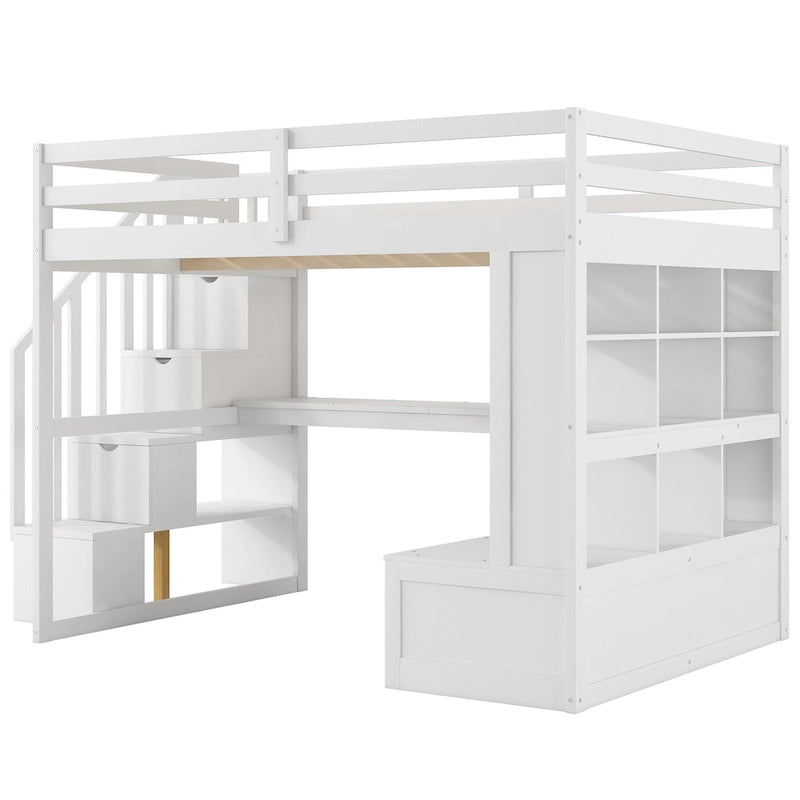 White Full Size Solid Wood Loft Bed with Desk, Shelves, and Storage Staircase