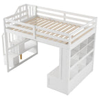 White Full Size Solid Wood Loft Bed with Desk, Shelves, and Storage Staircase