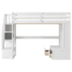 White Full Size Solid Wood Loft Bed with Desk, Shelves, and Storage Staircase
