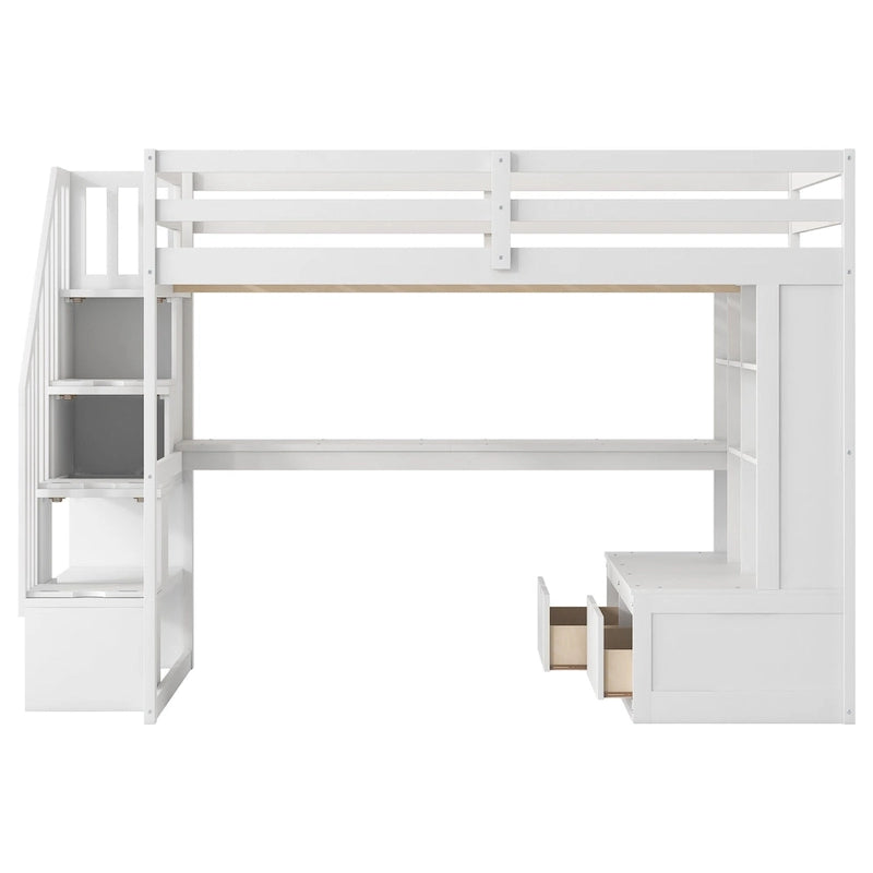 White Full Size Solid Wood Loft Bed with Desk, Shelves, and Storage Staircase