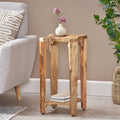 13 Boho Wooden Side Table with Handcrafted Wood Structure and Concave Design
