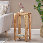 13 Boho Wooden Side Table with Handcrafted Wood Structure and Concave Design