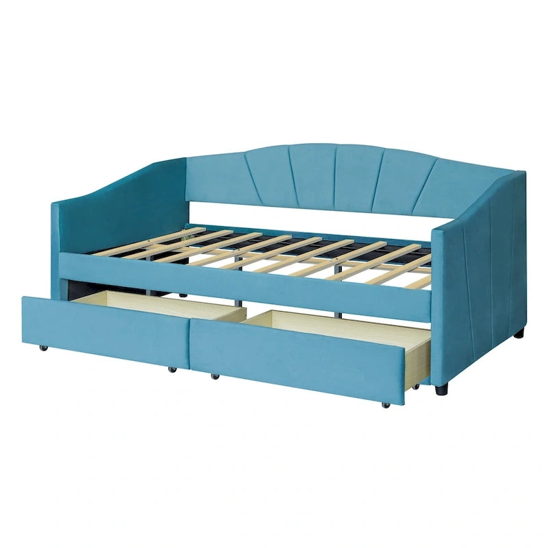 Twin Velvet Daybed with Drawers & Wood Slats