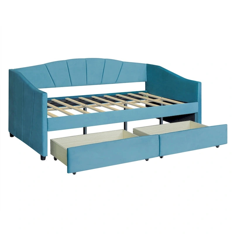 Twin Velvet Daybed with Drawers & Wood Slats