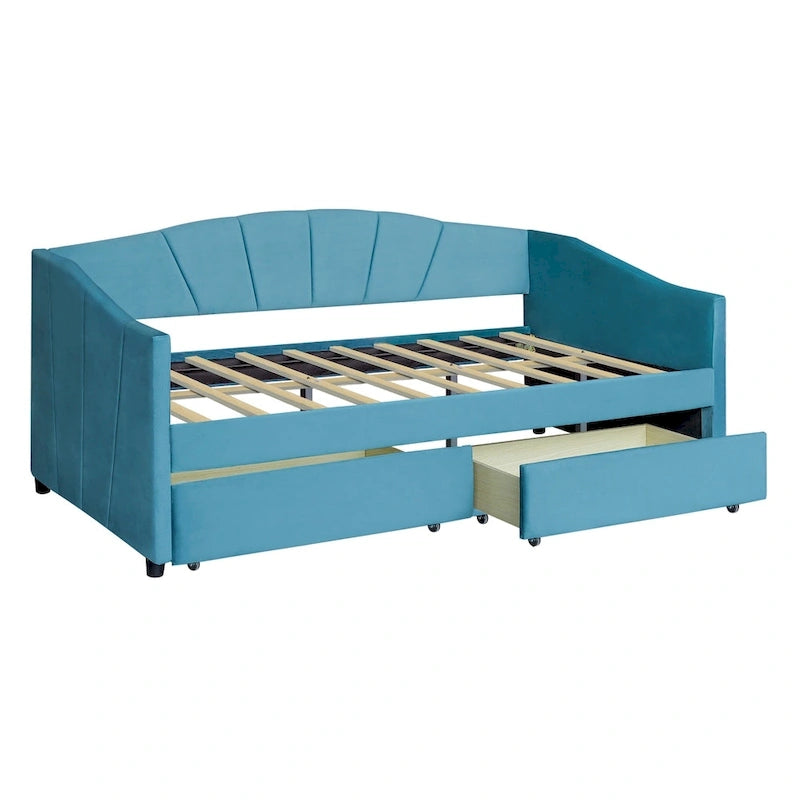 Twin Velvet Daybed with Drawers & Wood Slats