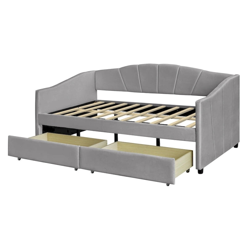 Twin Velvet Daybed with Drawers & Wood Slats