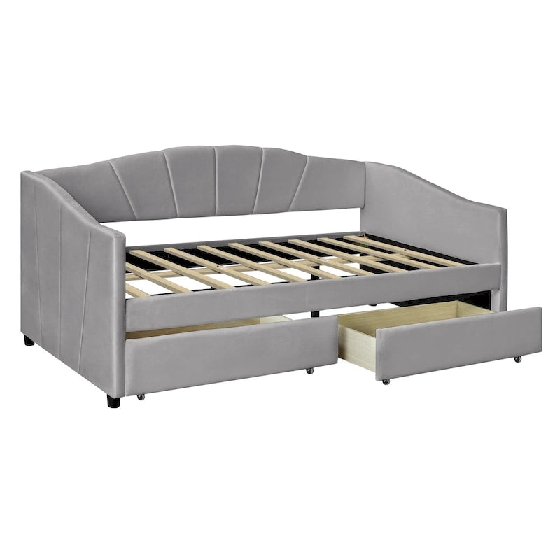 Twin Velvet Daybed with Drawers & Wood Slats