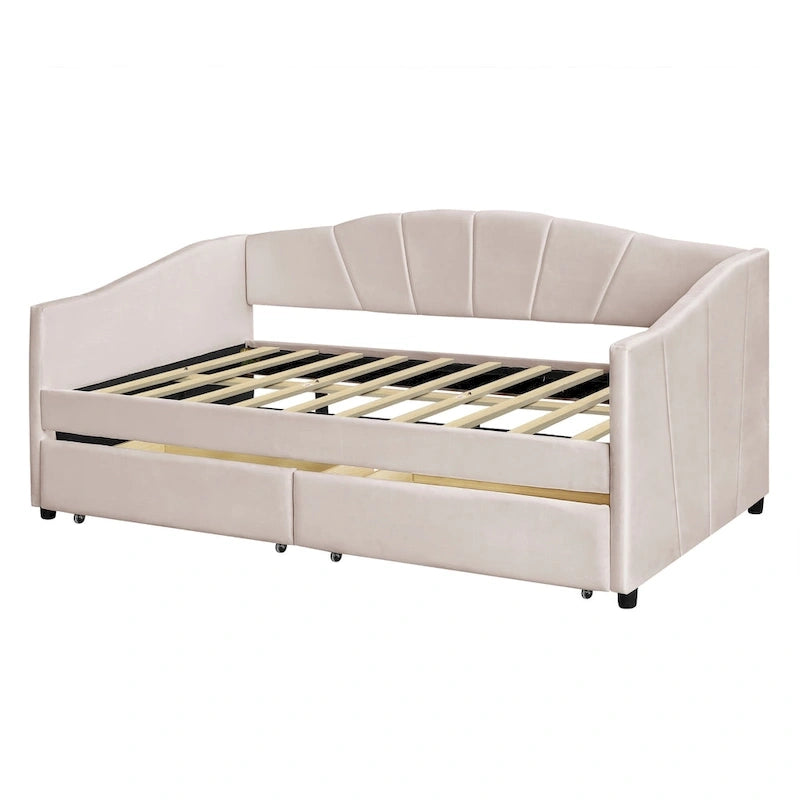 Twin Velvet Daybed with Drawers & Wood Slats