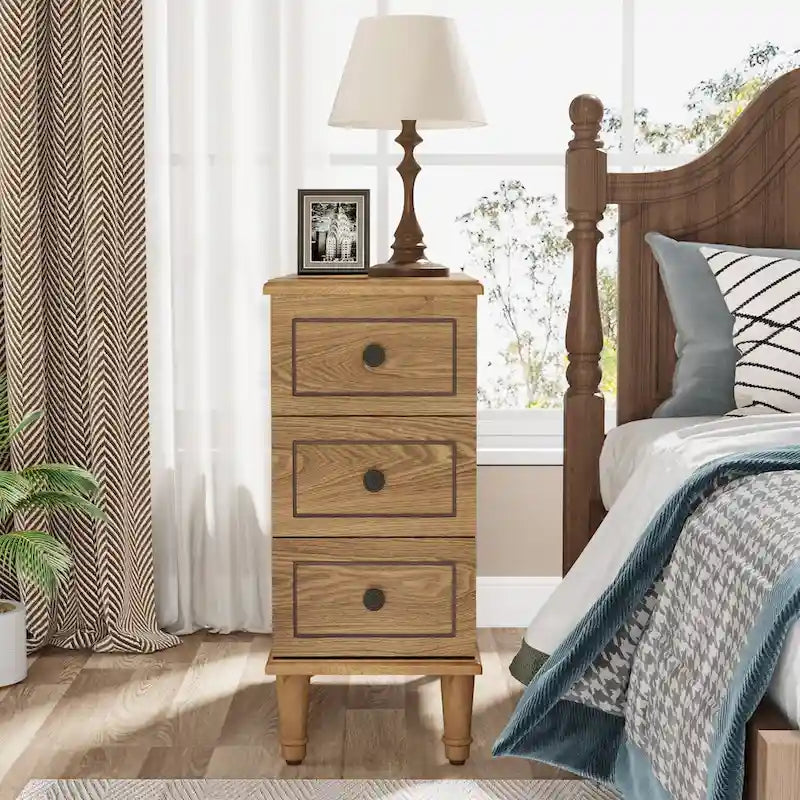 Wood End Table, Fully Assembled Narrow Side Table with 3 Drawers