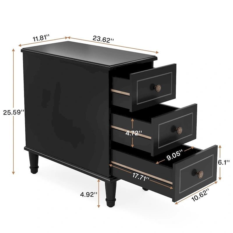 Wood End Table, Fully Assembled Narrow Side Table with 3 Drawers