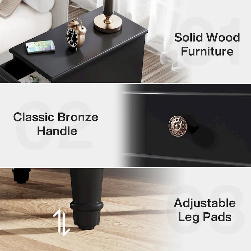 Wood End Table, Fully Assembled Narrow Side Table with 3 Drawers