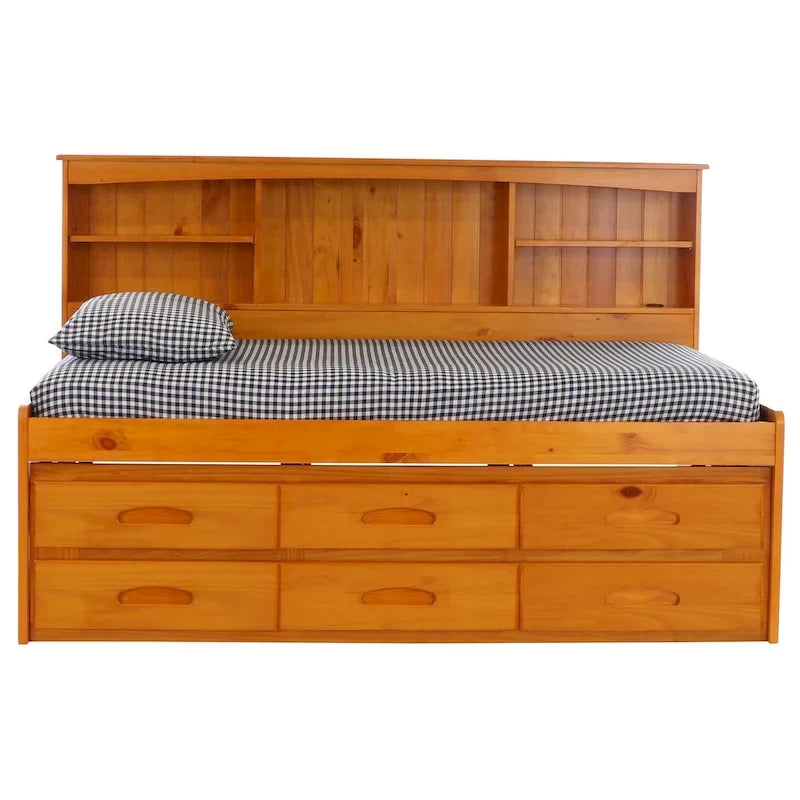 OS Home and Office Furniture Model , Solid Pine Twin Daybed with Six Drawers in Warm Honey