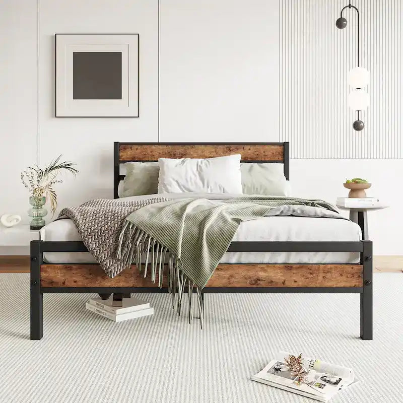 Full Size Black Metal and Rustic Wood Platform Bed