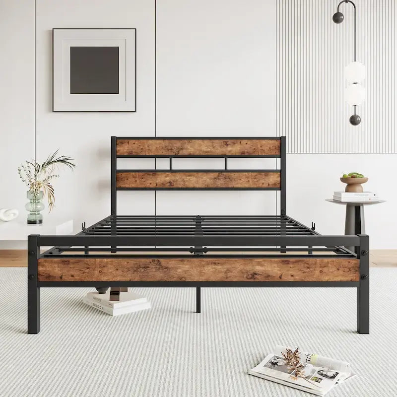 Full Size Black Metal and Rustic Wood Platform Bed