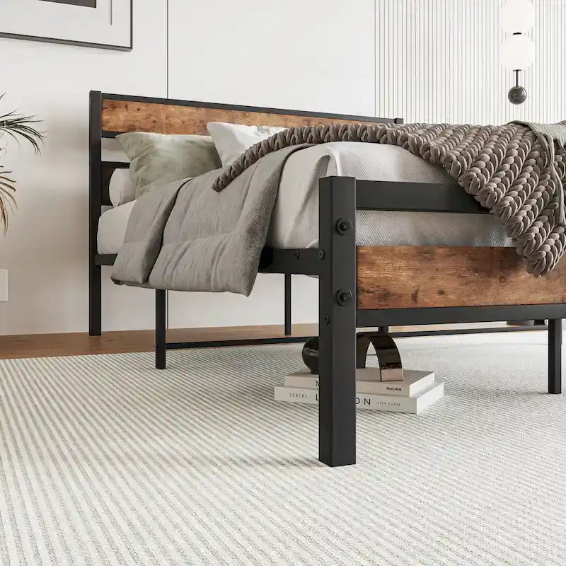 Full Size Black Metal and Rustic Wood Platform Bed
