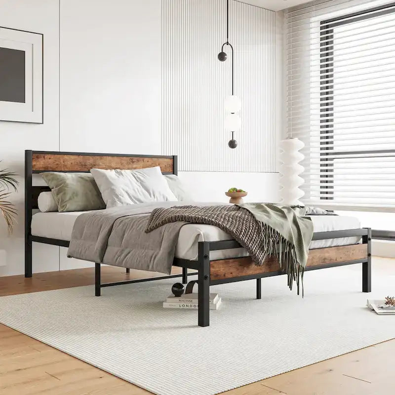 Full Size Black Metal and Rustic Wood Platform Bed