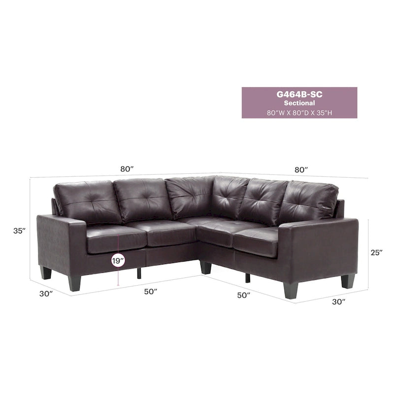 Newbury 82 in. W 2-piece Faux Leather L Shape Sectional Sofa - 32L x 82W x 35H