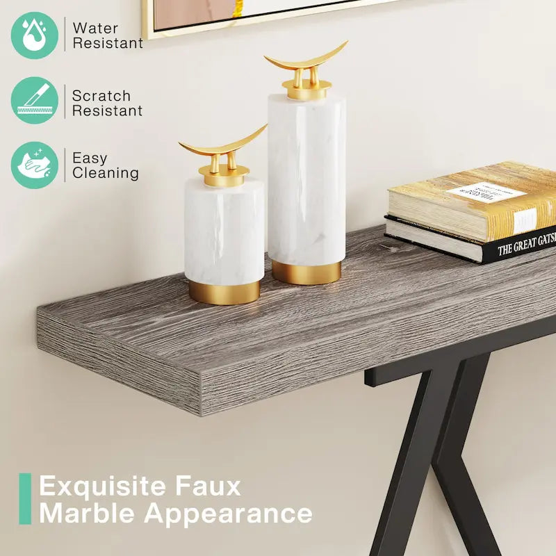 Modern Console Table, 70.9 Inch Extra Long Sofa Table with Faux Marble Tabletop Base Gold Frame for Living Room, White Gold