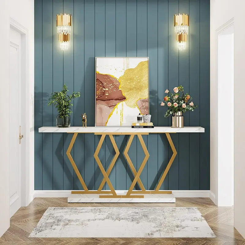 Modern Console Table, 70.9 Inch Extra Long Sofa Table with Faux Marble Tabletop Base Gold Frame for Living Room, White Gold