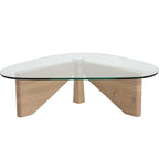 36 Triangular Mid Century Modern Accent Center Coffee Table with Glass Top and Wood Base for Living Room