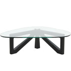 36 Triangular Mid Century Modern Accent Center Coffee Table with Glass Top and Wood Base for Living Room