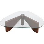 36 Triangular Mid Century Modern Accent Center Coffee Table with Glass Top and Wood Base for Living Room