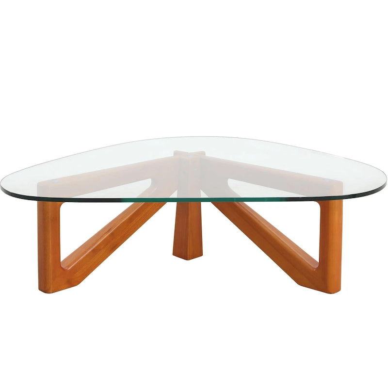 36 Triangular Mid Century Modern Accent Center Coffee Table with Glass Top and Wood Base for Living Room