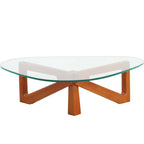 36 Triangular Mid Century Modern Accent Center Coffee Table with Glass Top and Wood Base for Living Room