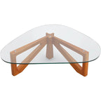 36 Triangular Mid Century Modern Accent Center Coffee Table with Glass Top and Wood Base for Living Room