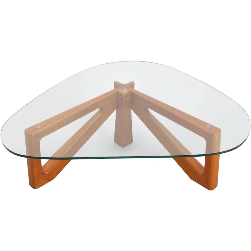36 Triangular Mid Century Modern Accent Center Coffee Table with Glass Top and Wood Base for Living Room