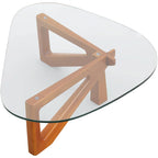 36 Triangular Mid Century Modern Accent Center Coffee Table with Glass Top and Wood Base for Living Room