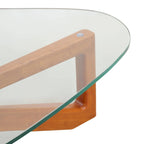 36 Triangular Mid Century Modern Accent Center Coffee Table with Glass Top and Wood Base for Living Room