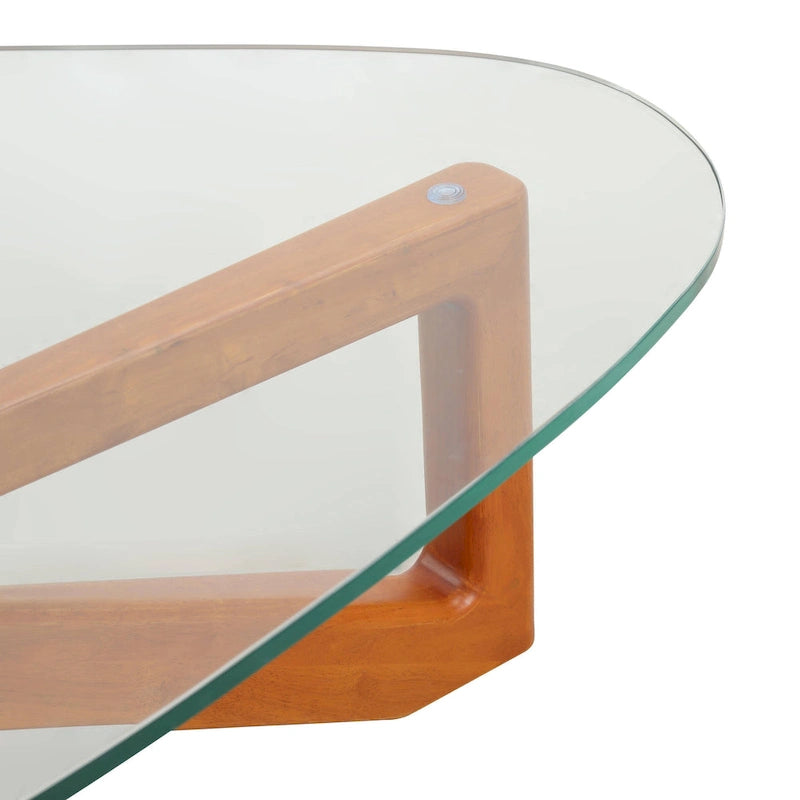 36 Triangular Mid Century Modern Accent Center Coffee Table with Glass Top and Wood Base for Living Room