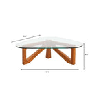 36 Triangular Mid Century Modern Accent Center Coffee Table with Glass Top and Wood Base for Living Room