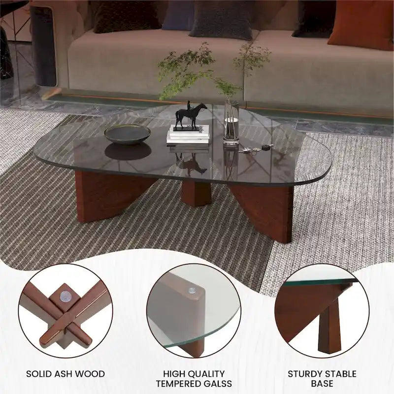36 Triangular Mid Century Modern Accent Center Coffee Table with Glass Top and Wood Base for Living Room