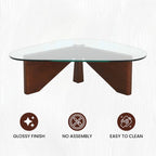36 Triangular Mid Century Modern Accent Center Coffee Table with Glass Top and Wood Base for Living Room