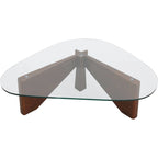36 Triangular Mid Century Modern Accent Center Coffee Table with Glass Top and Wood Base for Living Room