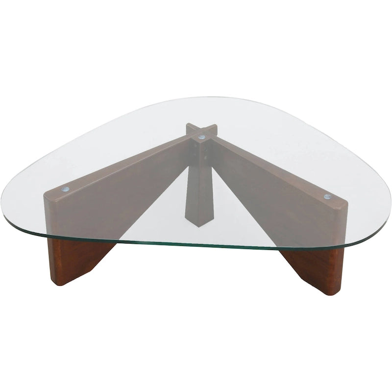 36 Triangular Mid Century Modern Accent Center Coffee Table with Glass Top and Wood Base for Living Room