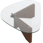 36 Triangular Mid Century Modern Accent Center Coffee Table with Glass Top and Wood Base for Living Room