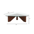 36 Triangular Mid Century Modern Accent Center Coffee Table with Glass Top and Wood Base for Living Room