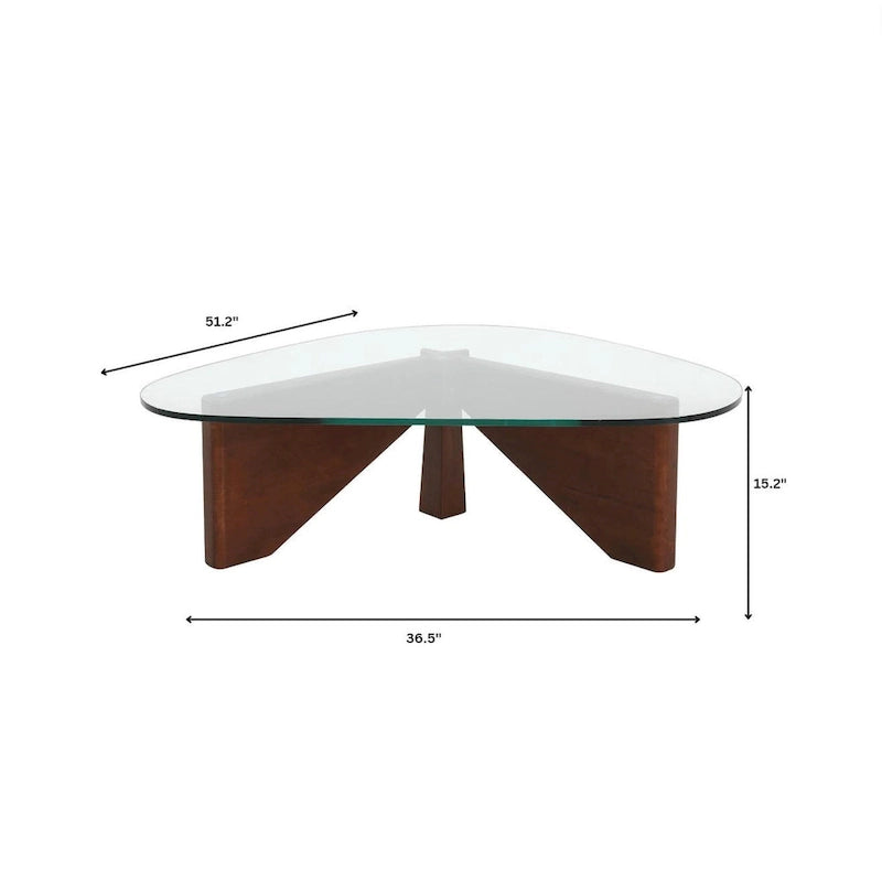 36 Triangular Mid Century Modern Accent Center Coffee Table with Glass Top and Wood Base for Living Room