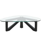 36 Triangular Mid Century Modern Accent Center Coffee Table with Glass Top and Wood Base for Living Room