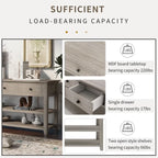 Retro Console Table Sofa Table with 2 Open Shelves and 3 Drawers, Pine Solid Wood Frame and Legs for Living Room, Entryway