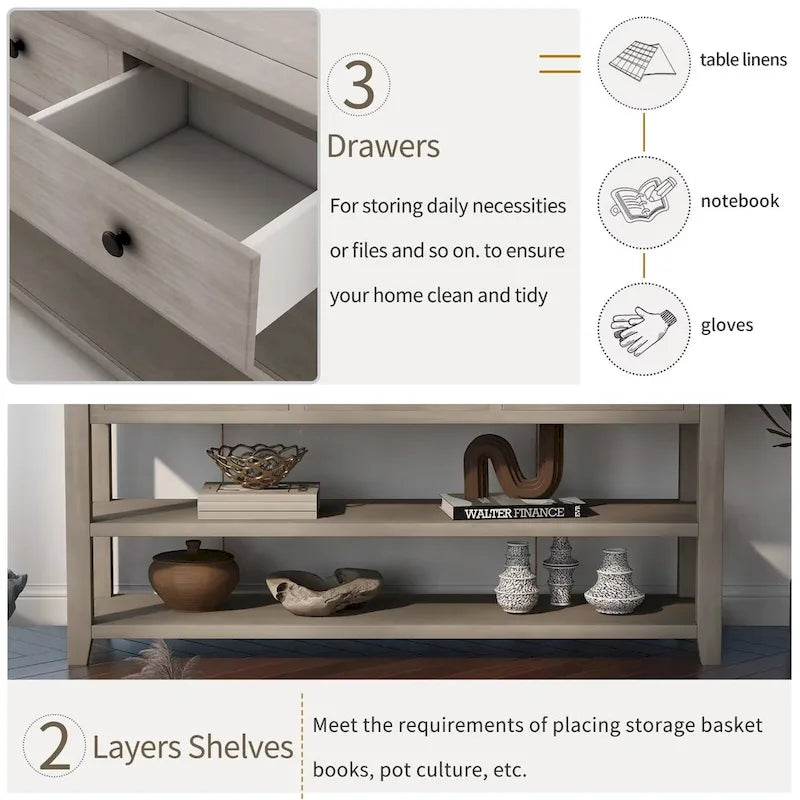 Retro Console Table Sofa Table with 2 Open Shelves and 3 Drawers, Pine Solid Wood Frame and Legs for Living Room, Entryway