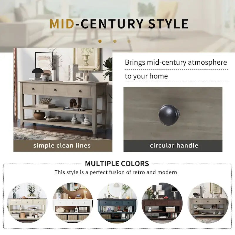 Retro Console Table Sofa Table with 2 Open Shelves and 3 Drawers, Pine Solid Wood Frame and Legs for Living Room, Entryway