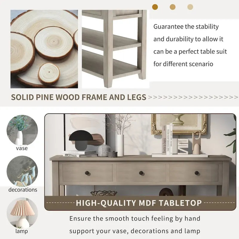 Retro Console Table Sofa Table with 2 Open Shelves and 3 Drawers, Pine Solid Wood Frame and Legs for Living Room, Entryway