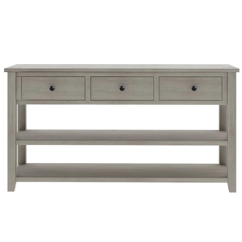Retro Console Table Sofa Table with 2 Open Shelves and 3 Drawers, Pine Solid Wood Frame and Legs for Living Room, Entryway