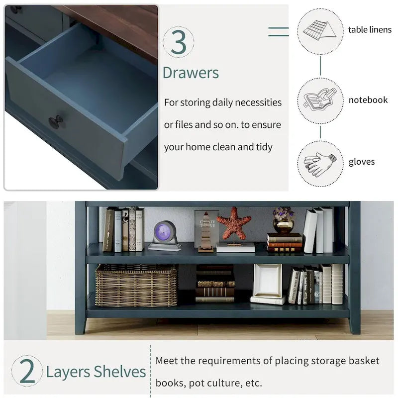 Retro Console Table Sofa Table with 2 Open Shelves and 3 Drawers, Pine Solid Wood Frame and Legs for Living Room, Entryway