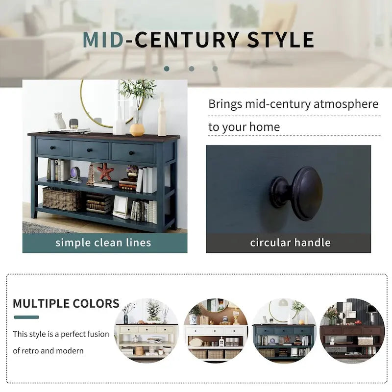 Retro Console Table Sofa Table with 2 Open Shelves and 3 Drawers, Pine Solid Wood Frame and Legs for Living Room, Entryway