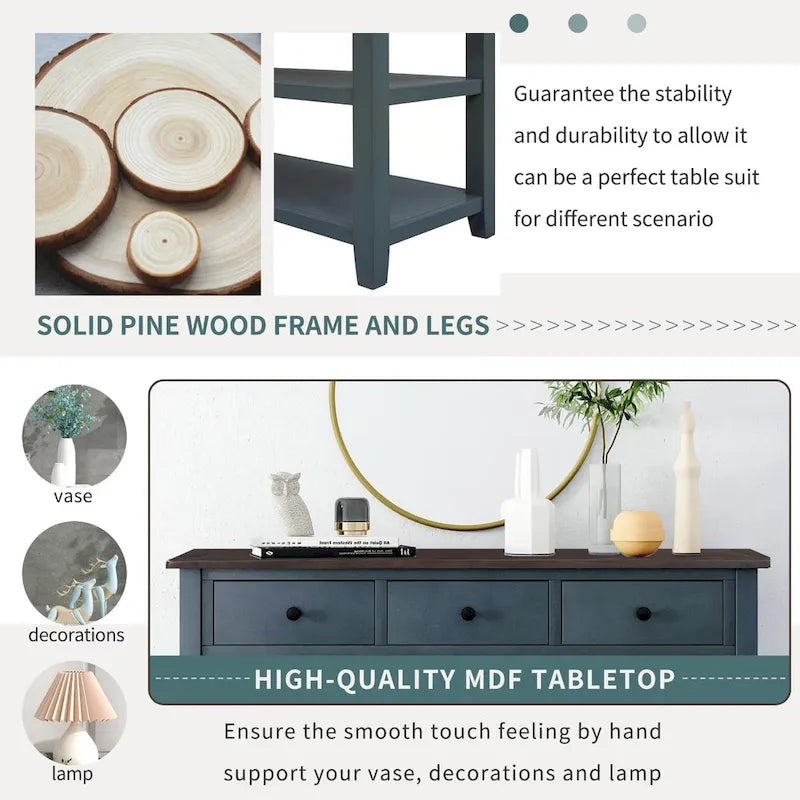 Retro Console Table Sofa Table with 2 Open Shelves and 3 Drawers, Pine Solid Wood Frame and Legs for Living Room, Entryway